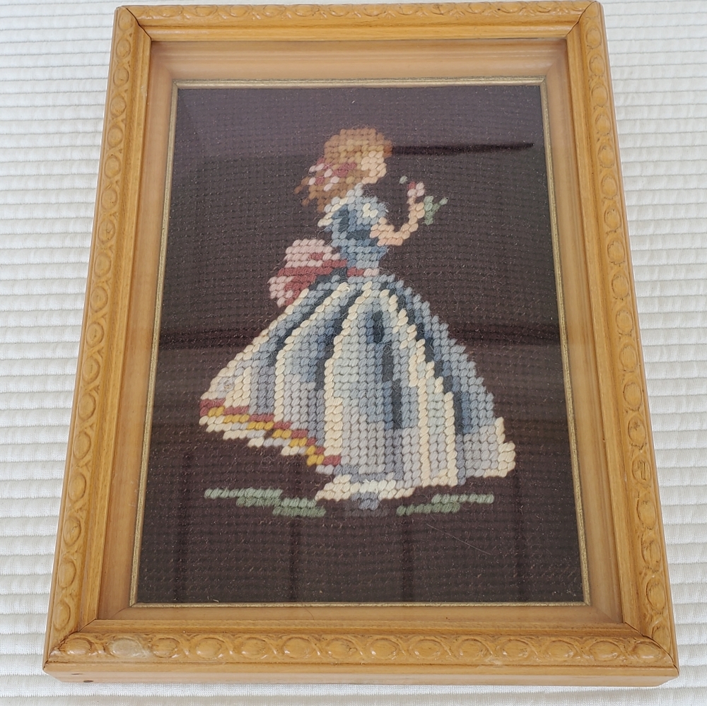 Embroidered Crinoline Lady Tapestry 9x7 Glass Framed Handmade Dress Cottagecore